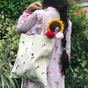 Hand-Embroidered Pink Flowers Tote Bag