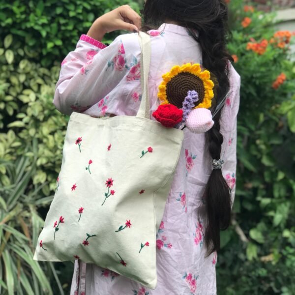 Hand-Embroidered Pink Flowers Tote Bag
