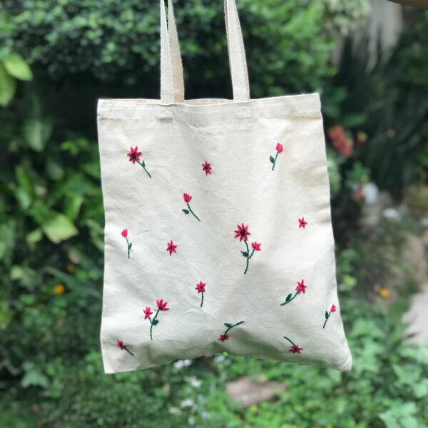 Hand-Embroidered Pink Flowers Tote Bag - Image 3
