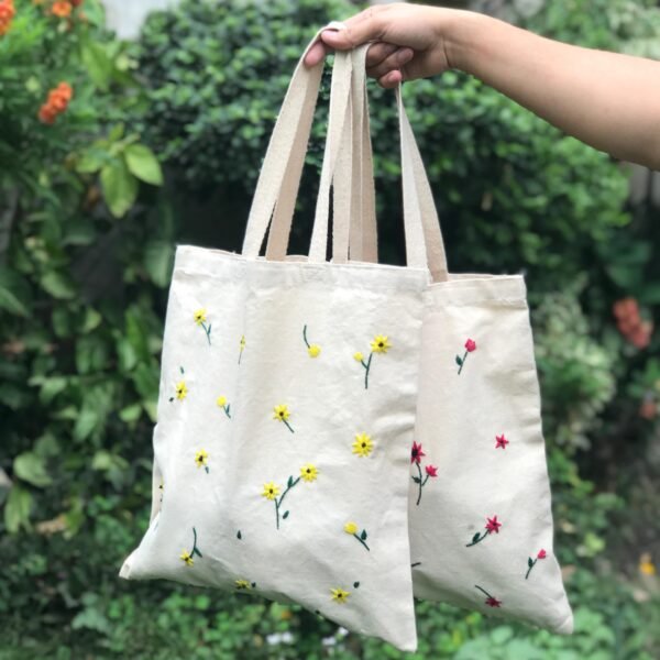 Hand-Embroidered Pink Flowers Tote Bag - Image 4