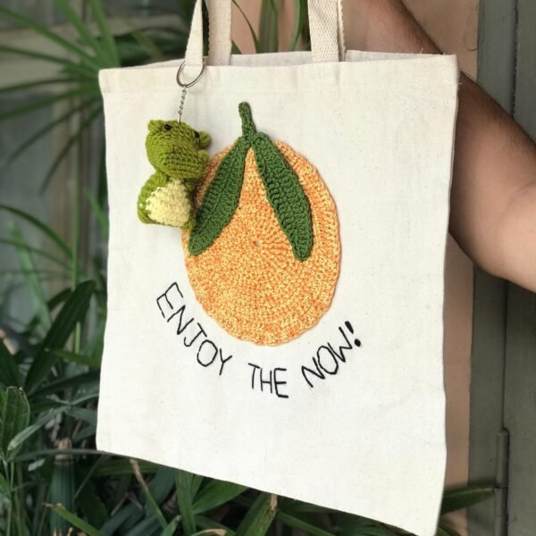 Crochet Orange Tote Bag with Enjoy the Now Message - Image 3