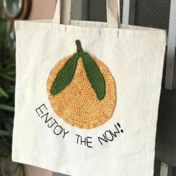 Crochet Orange Tote Bag with Enjoy the Now Message - Image 4