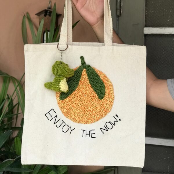Crochet Orange Tote Bag with Enjoy the Now Message - Image 5