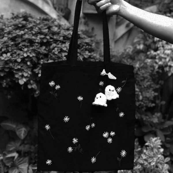 Hand-Embroidered Daisy and Ghost Tote Bag - Image 2