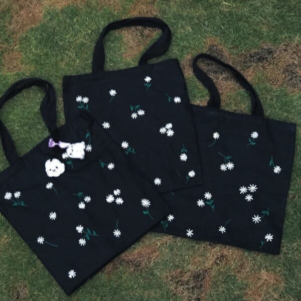Hand-Embroidered Daisy and Ghost Tote Bag - Image 3