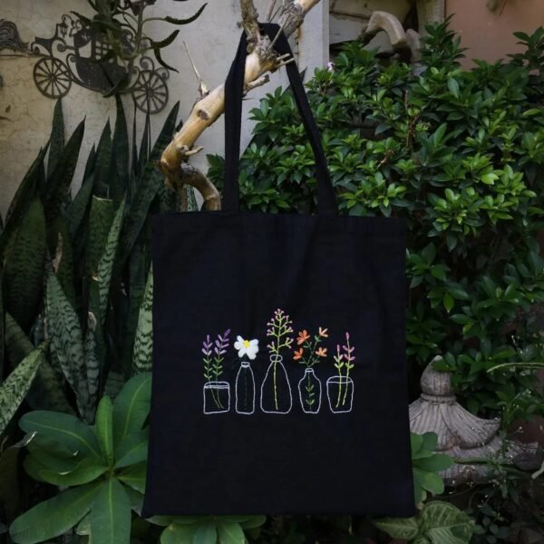 Hand-Embroidered Floral Tote Bag - Image 3