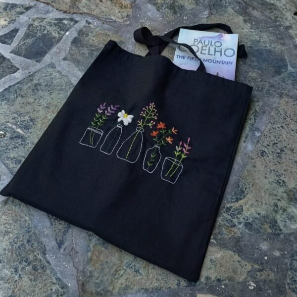Hand-Embroidered Floral Tote Bag - Image 4