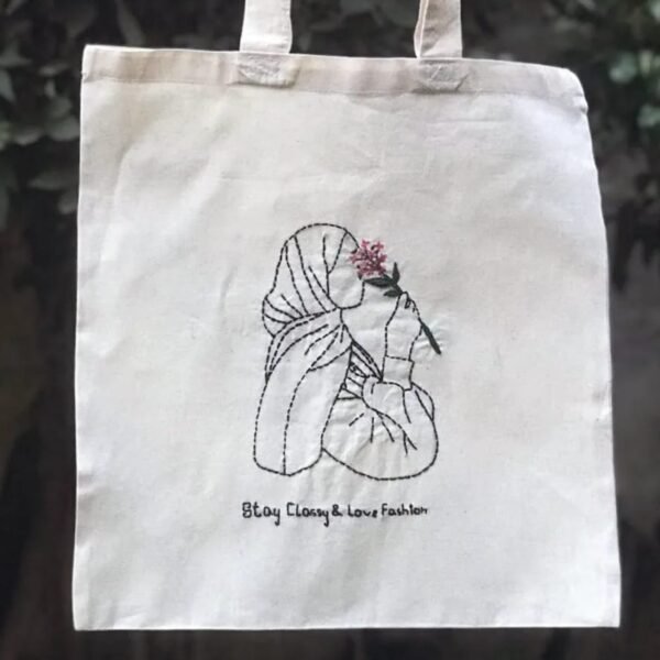 Hand-Embroidered Hijab Lady Tote Bag - Image 4