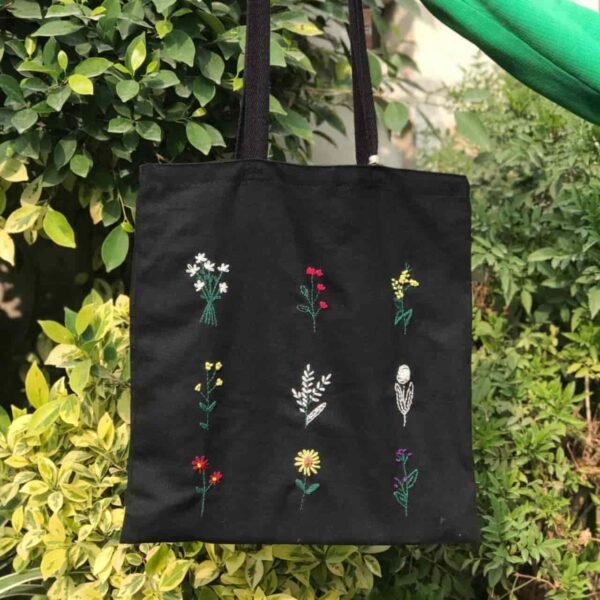 Hand-Embroidered Mixed Floral Tote Bag - Image 4