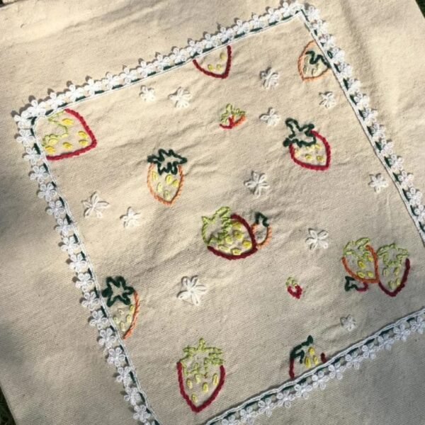 Hand-Embroidered Strawberry Tote Bag - Image 2