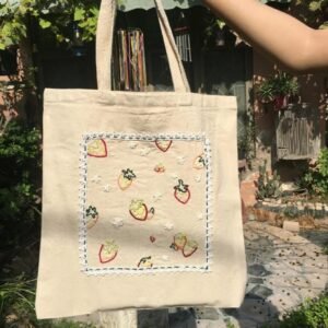 Hand-Embroidered Strawberry Tote Bag