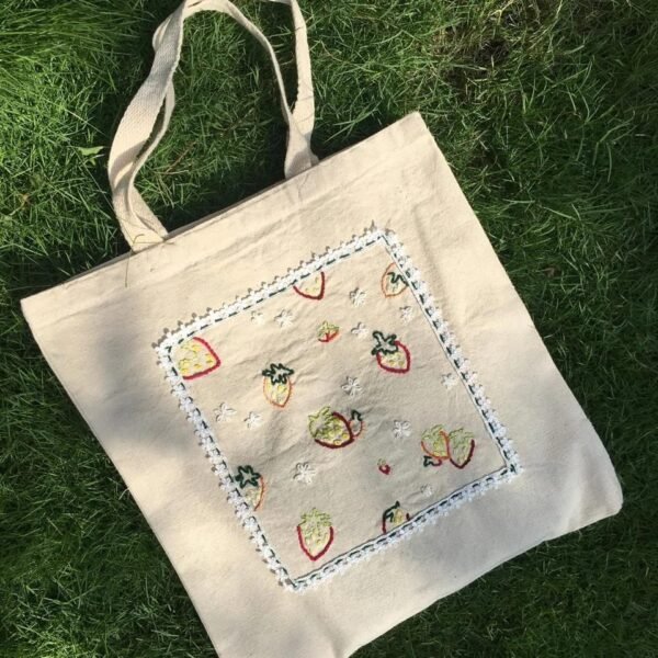 Hand-Embroidered Strawberry Tote Bag - Image 4