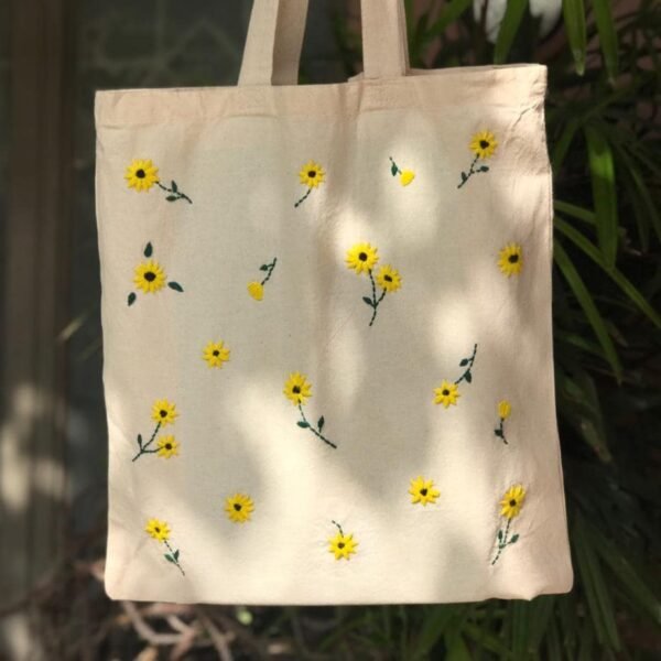 Hand-Embroidered Sunflower Tote Bag - Image 3
