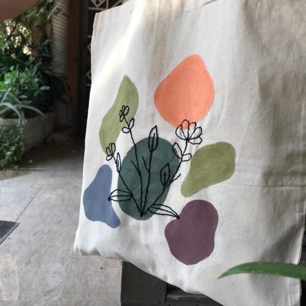 Hand-Painted and Embroidered Floral Tote Bag - Image 2