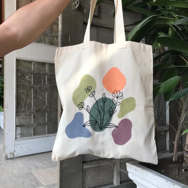 Hand-Painted and Embroidered Floral Tote Bag - Image 3