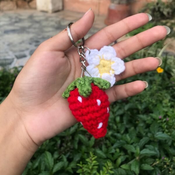 Handmade Crochet Strawberry and Flower Keychain