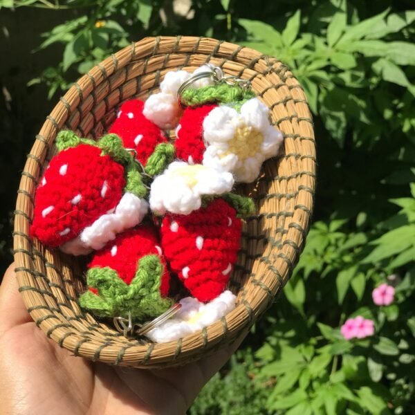 Handmade Crochet Strawberry and Flower Keychain - Image 3