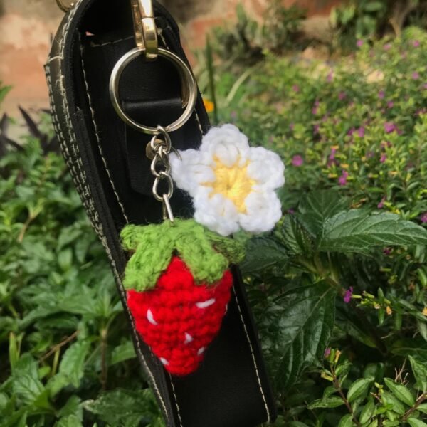 Handmade Crochet Strawberry and Flower Keychain - Image 4