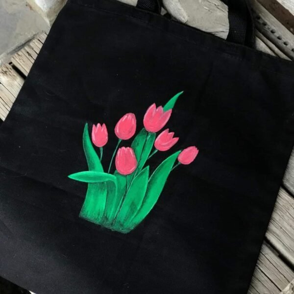 "Blossoming Tulips" Black Tote Bag - Image 3