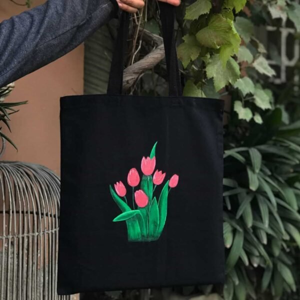 "Blossoming Tulips" Black Tote Bag - Image 4