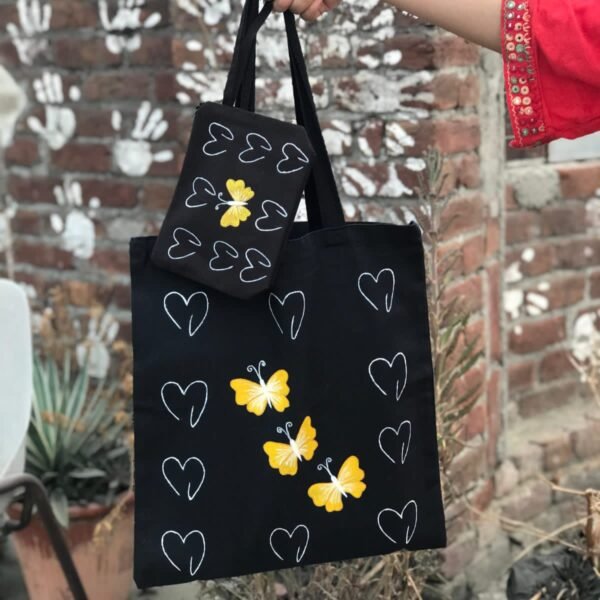 Butterfly Hearts Hand-Painted Tote Bag and Pouch Set - Image 2