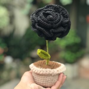 Crocheted Black Rose Plant Decor (1) - Tie Your Knots With Us | Handmade Crochet Gifts
