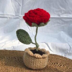 Crocheted Red Rose Plant Decor