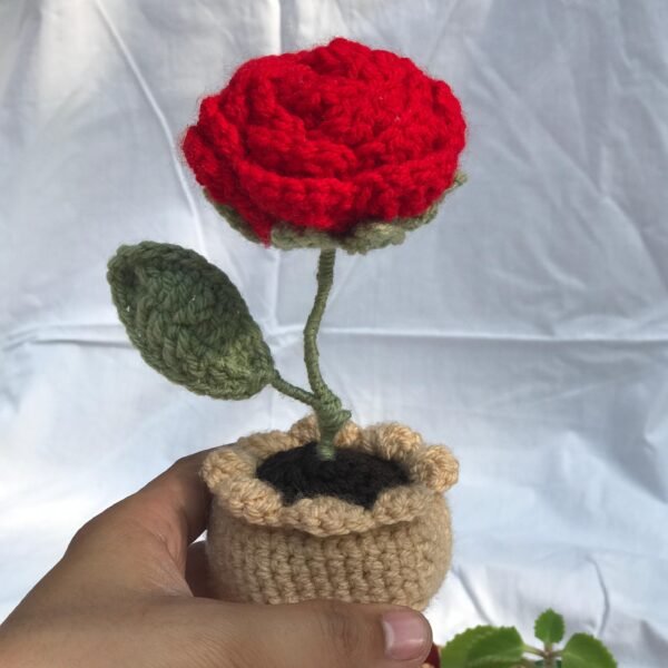 Crocheted Red Rose Plant Decor - Image 3