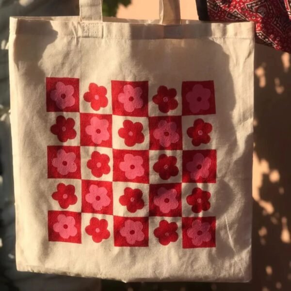 "Floral Checkerboard" Tote Bag - Image 3