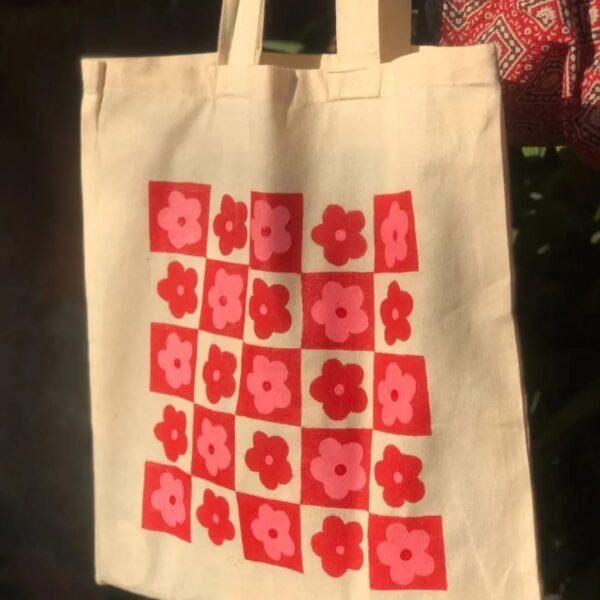 "Floral Checkerboard" Tote Bag - Image 4